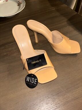 Forever 21 Tan Wide-Fit Square Toe Heeled Slide Sandals